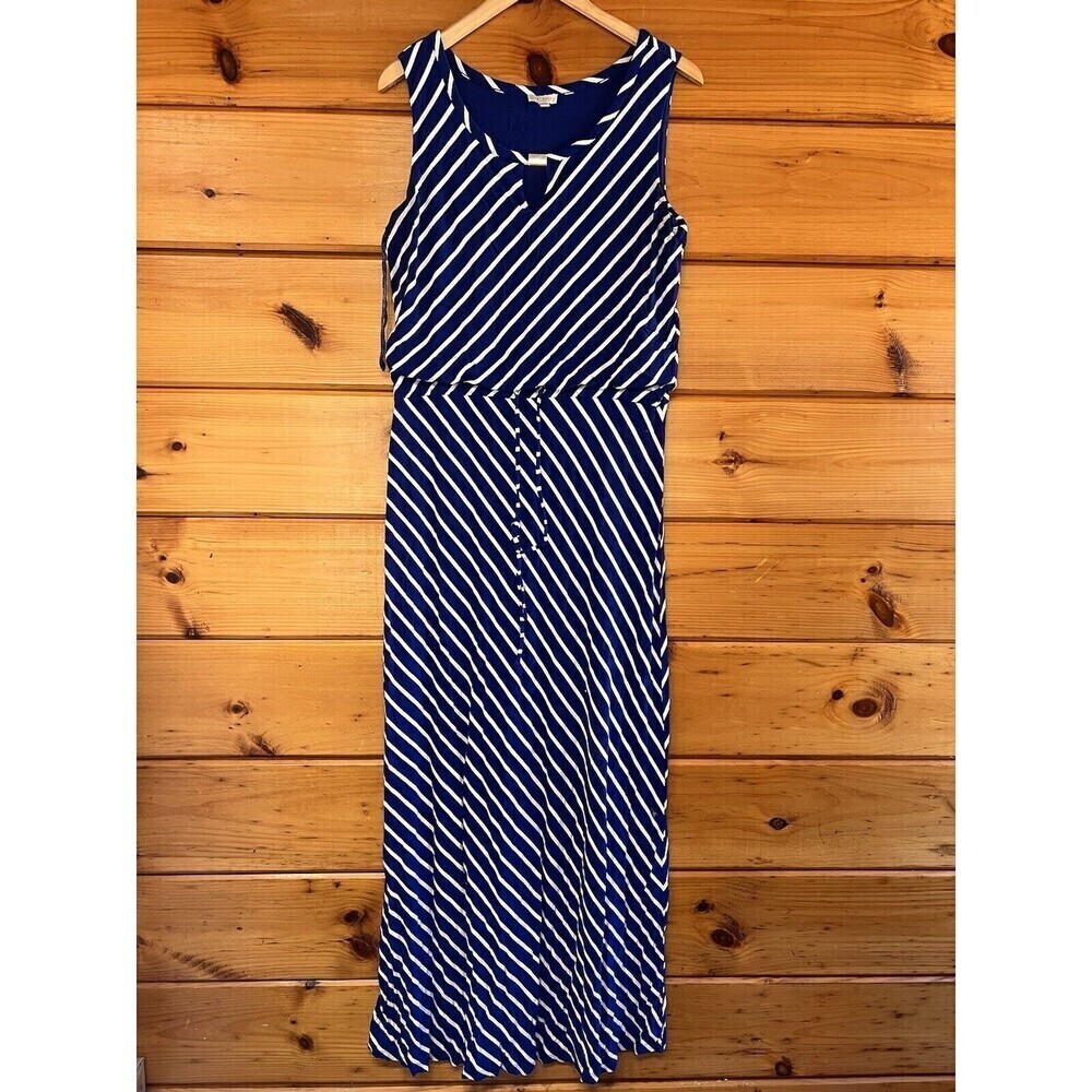 Talbots Women's Maxi Dress Royal Blue White Stripe Sleeveless  Sz M Belted